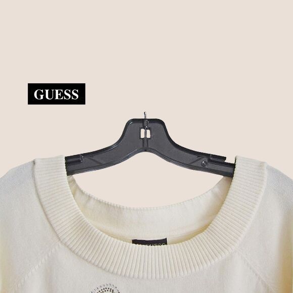 GUESS NEW Old Money Crystals Signature Logo Ribbed Trim Pullover Sweater S - Picture 7 of 12